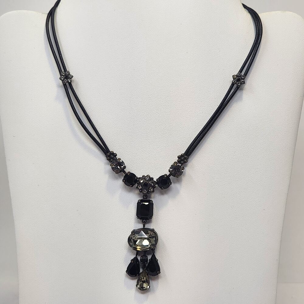 Van Galz Black Clear Crystal Pendant Leather Cord Necklace Vintage Romantic